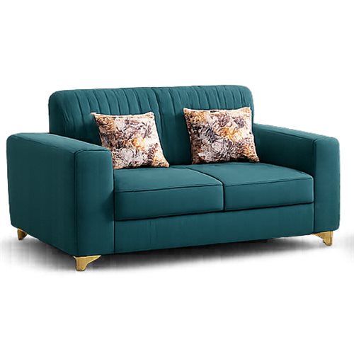 Teal loveseat with patterned cushions, style reference