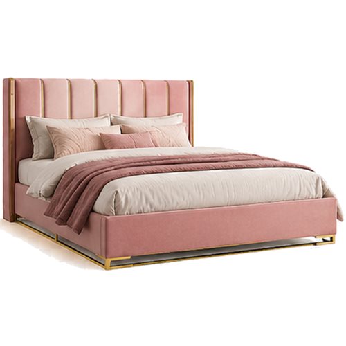 Blush pink upholstered bed, style reference