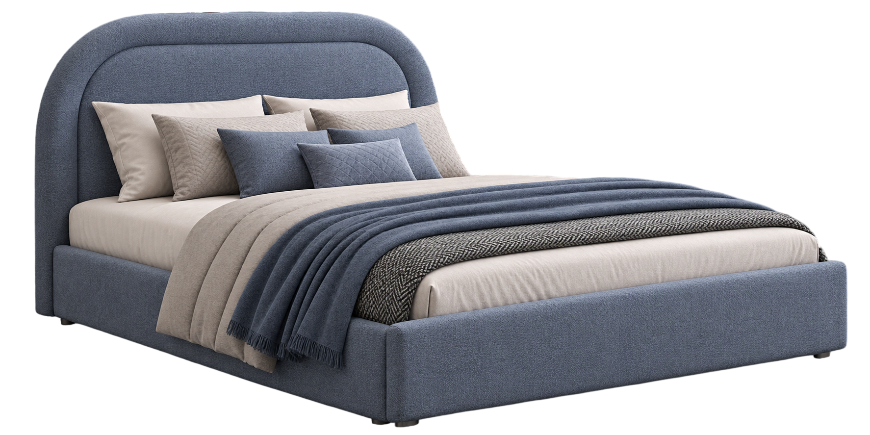 Upholstered bed, slate blue fabric, made by RA Sofa and Furniture, JP Nagar