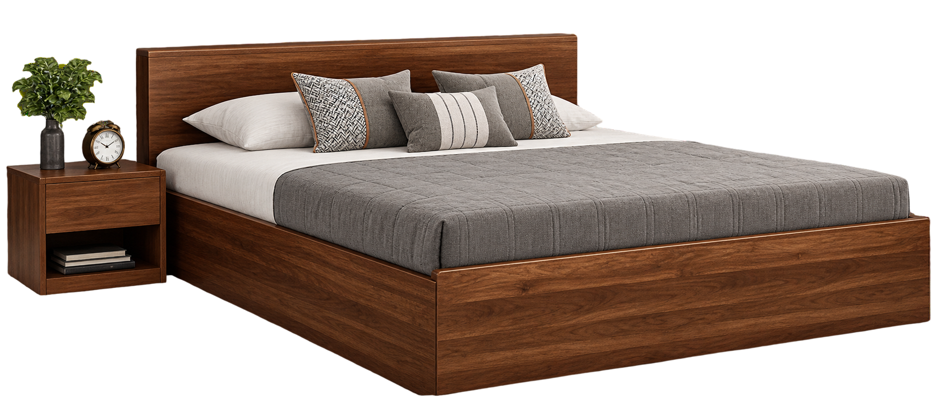 Wooden panel bed with nightstand, made by RA Sofa and Furniture, JP Nagar