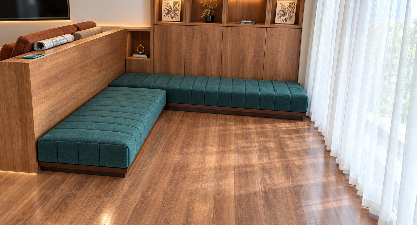 Built-in corner bench seating made by RA Sofa and Furniture, JP Nagar