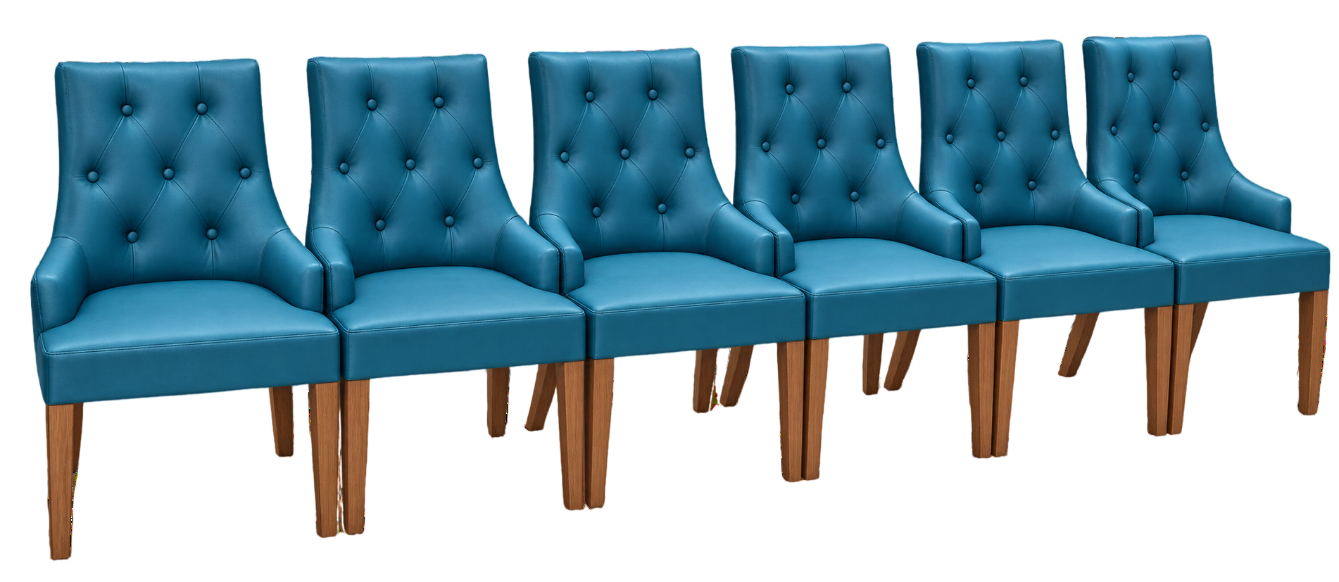 Set of teal upholstered dining chairs, made by RA Sofa and Furniture, JP Nagar