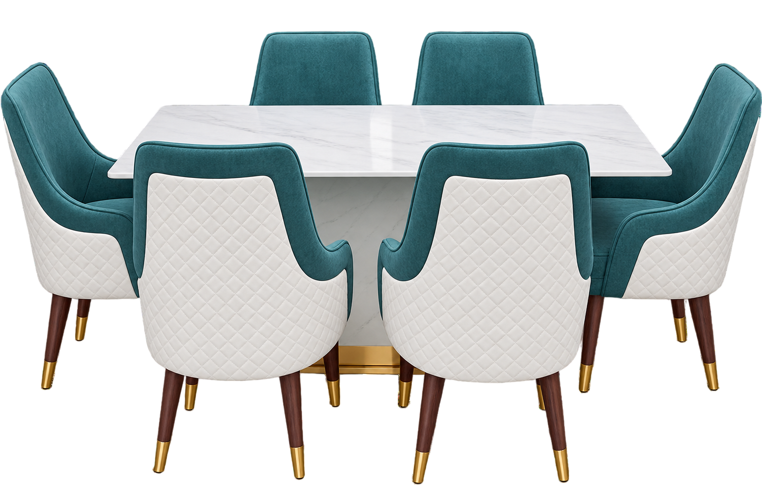 6-seater dining set with marble-look table and teal & cream chairs, made by RA Sofa and Furniture, JP Nagar