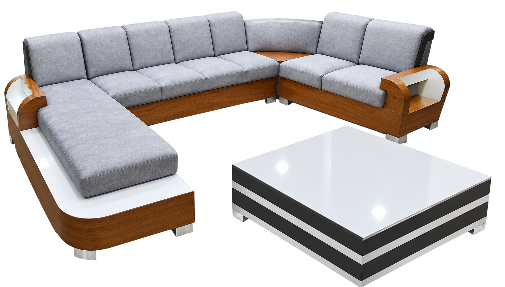 U-shape sectional sofa with wooden trim, made by RA Sofa and Furniture, JP Nagar