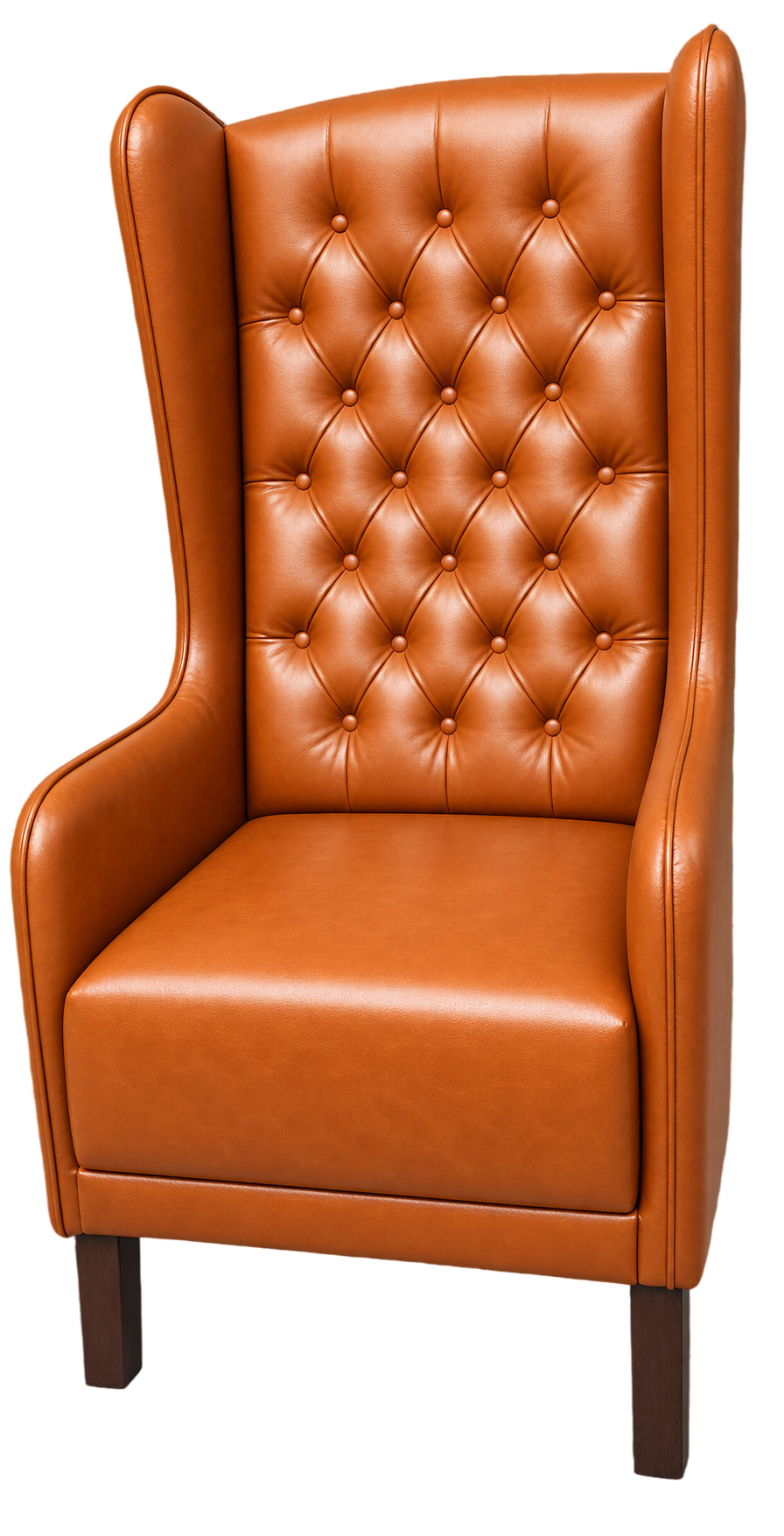 Tall tufted wingback chair in tan leather, made by RA Sofa and Furniture, JP Nagar