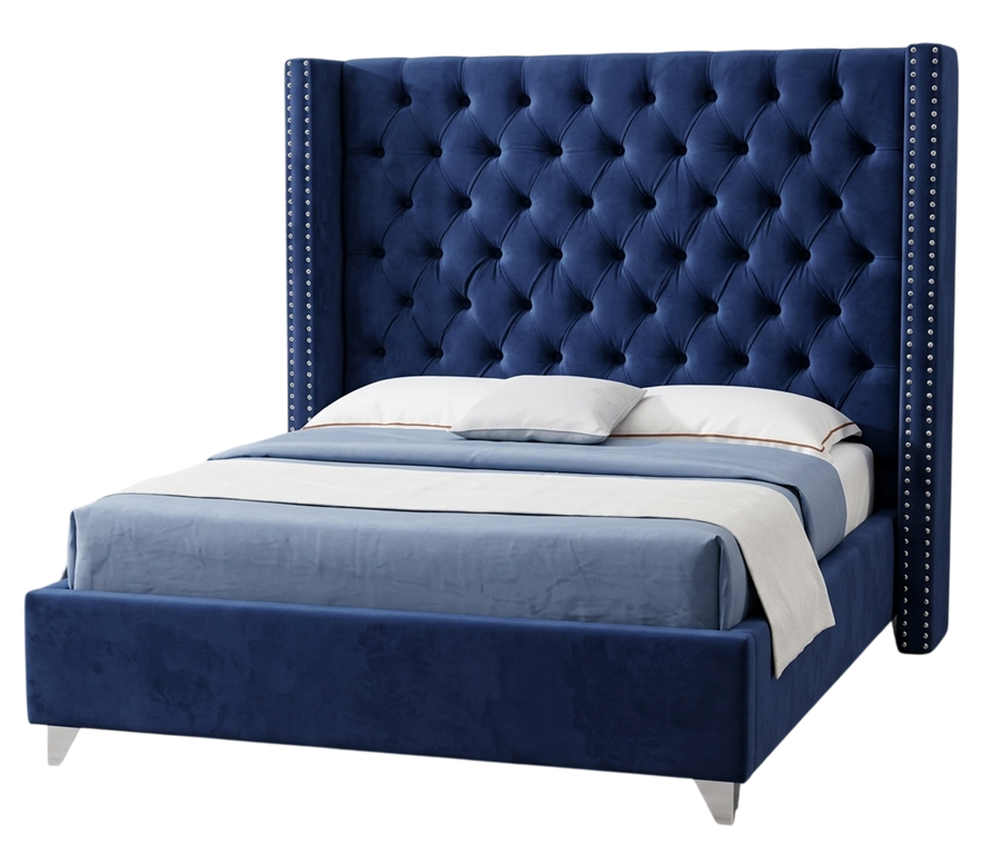 Tufted upholstered bed, navy blue velvet, style reference